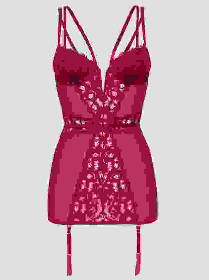 Lovehoney Parisienne Wine Lace Plunge Chemise, Red, hi-res